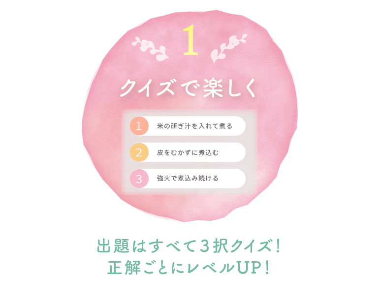 １．クイズで楽しく。出題はすべて３択クイズ！正解ごとにレベルUP！