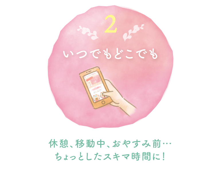 ２．いつでもどこでも。休憩、移動中、おやすみ前…ちょっとしたスキマ時間に！