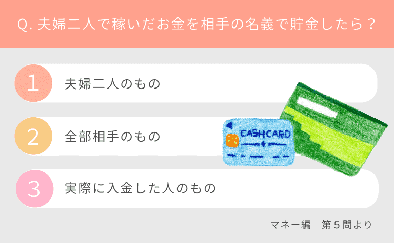 Q.夫婦二人で稼いだお金を相手の名前で貯金したら？（１）夫婦二人のもの（２）全部相手のもの（３）実際に入金した人のもの